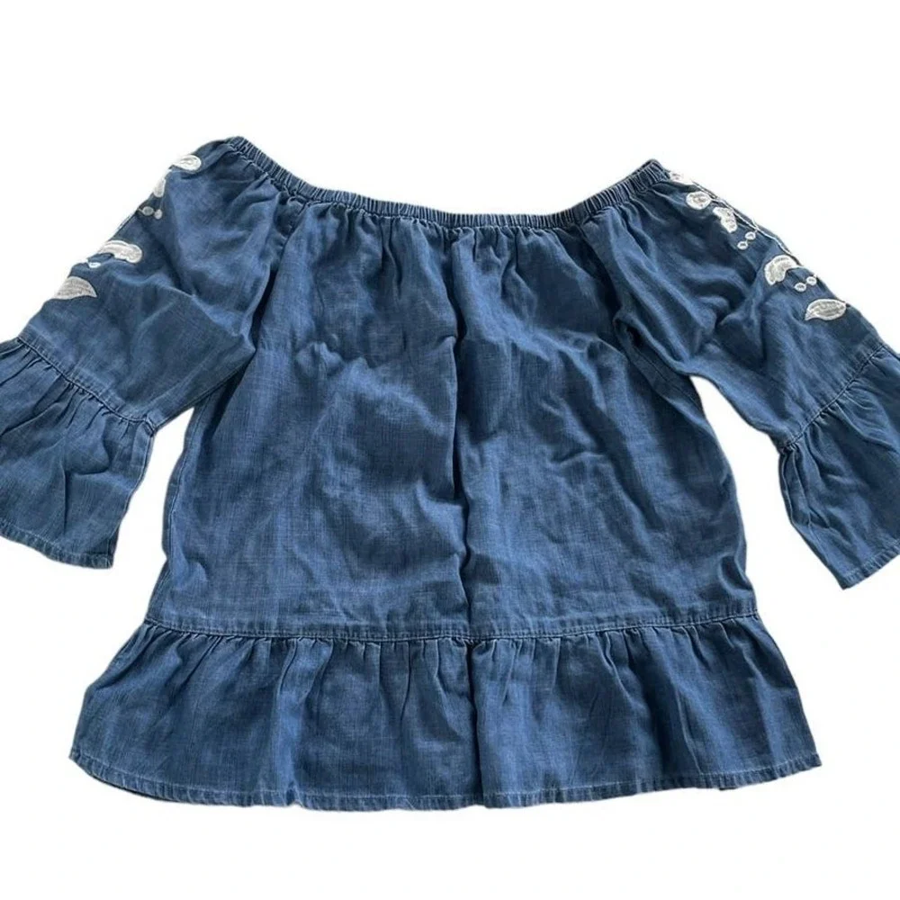 Blue Rain Top‎ Women XS Blue Floral Embroidered Boho Off Shoulder Cottagecore